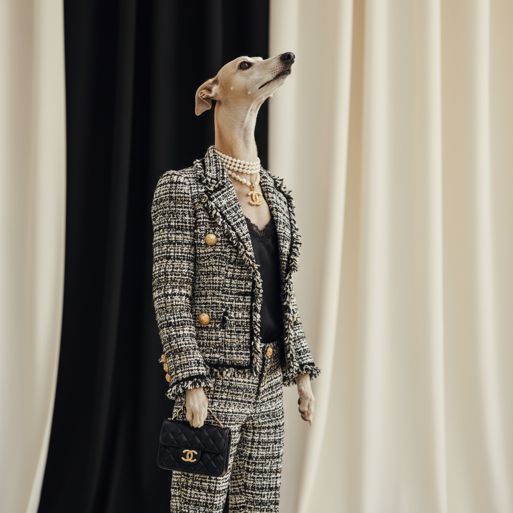 TIKA in classic Chanel tweed suit with pearls